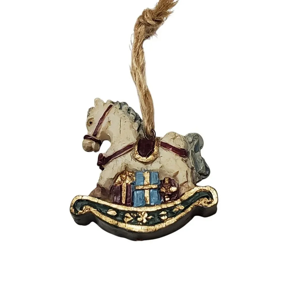 Set Of Three Resin Christmas Ornaments  Santa Rocking Horse And Snowman Jute
